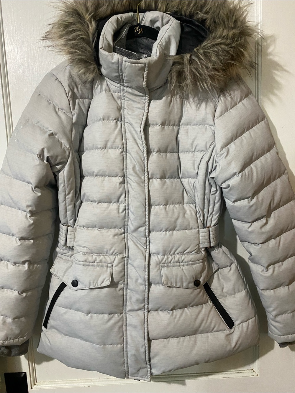 Free Country Light Gray Quilted Puffer Coat with Faux Fur Trim Hood
